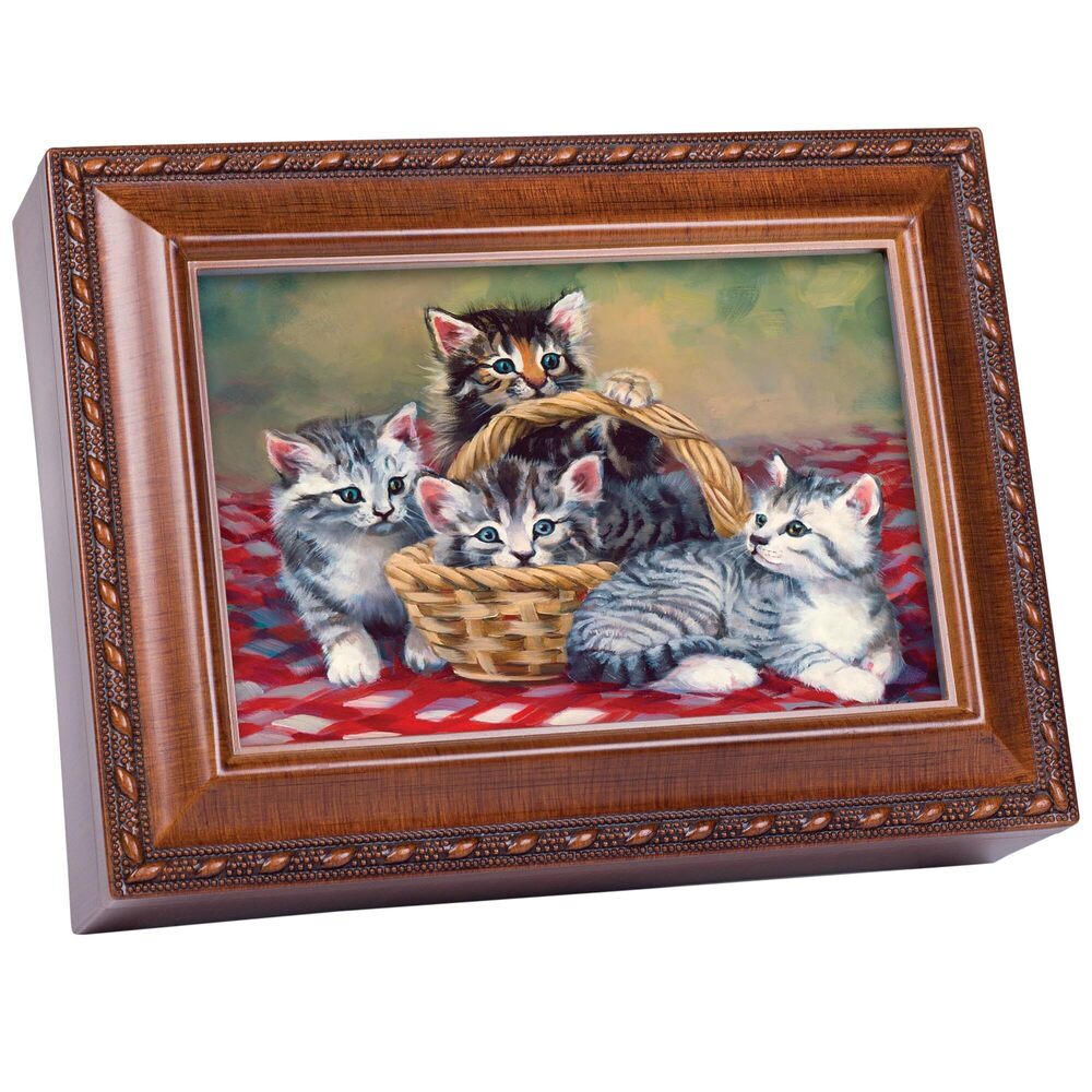 2765 Cats Grey Brown Kittens in Basket Woodgrain Rope Trim Music Box Plays